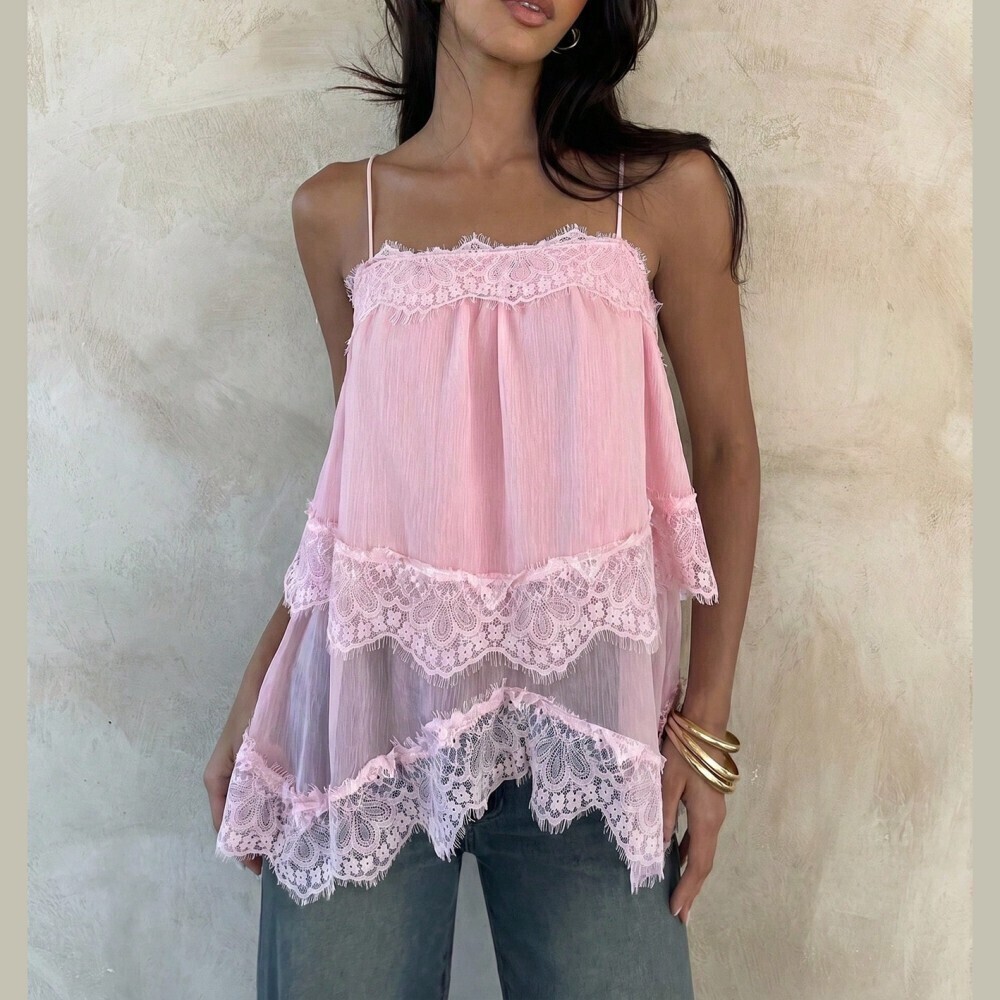 Pink Tiered Lace Trim Spaghetti Strap Crop Crepe Camisole Top